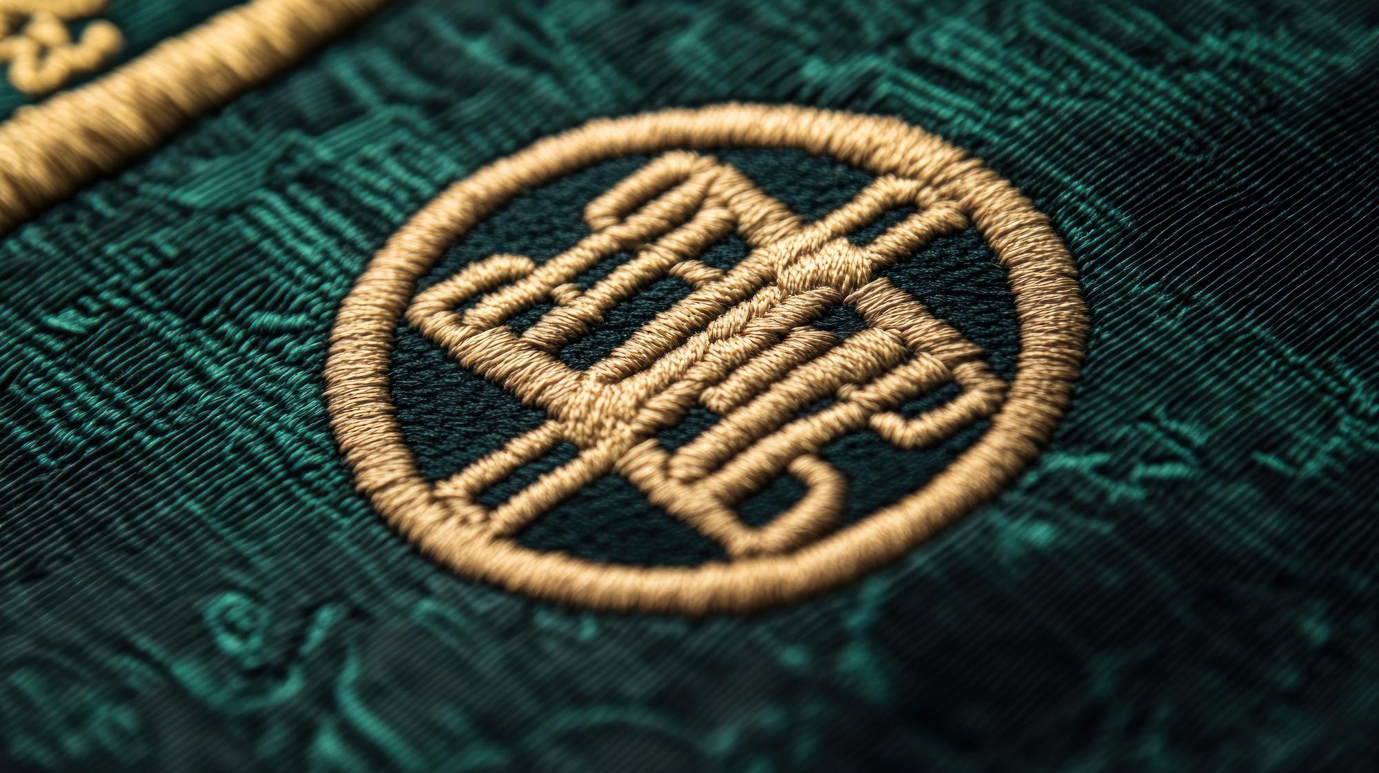 Close-up of premium embroidered badge on linen